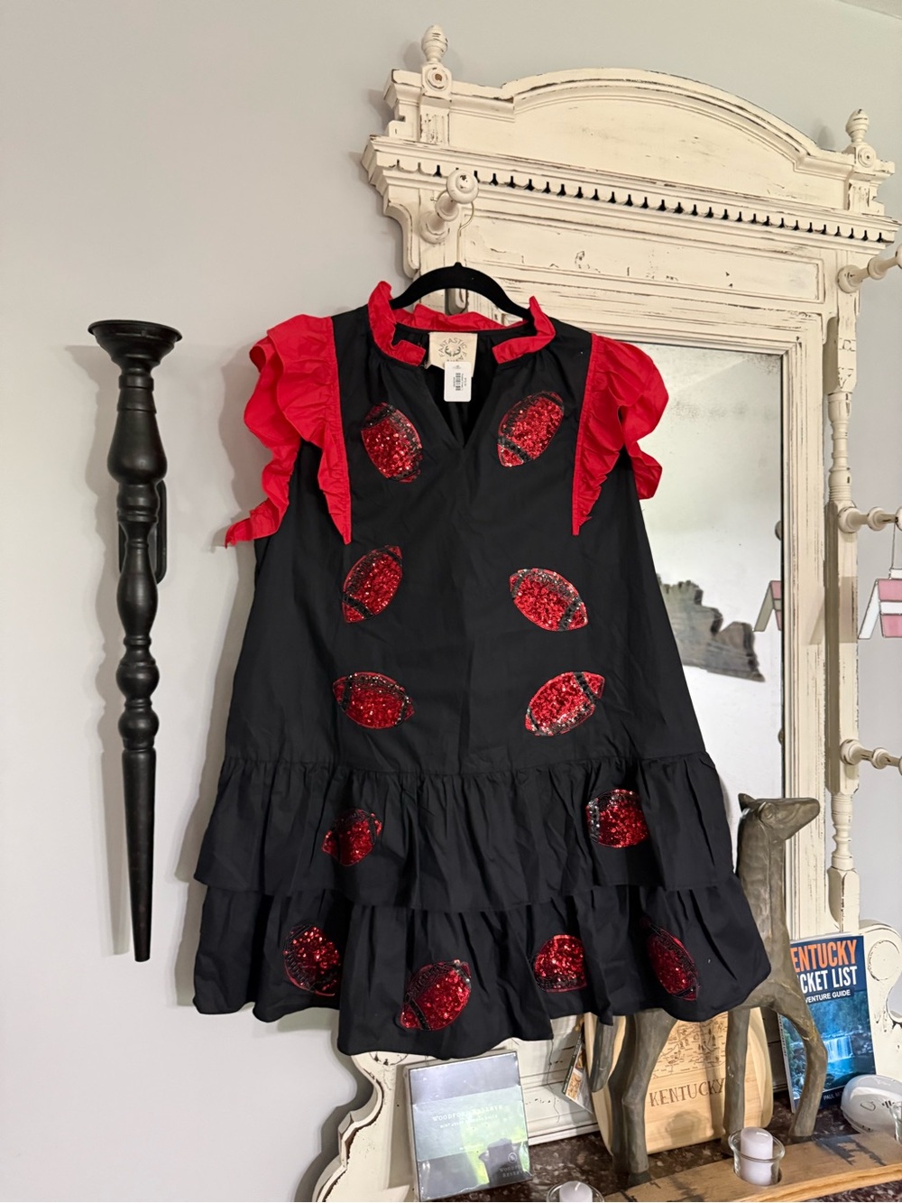 Fantastic Fawn Football 🏈 Black Dress with Red Trim
